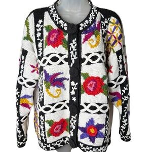VTG 90s Crochet Knit Cardigan Floral Patchwork Boho Dopamine Dressing M